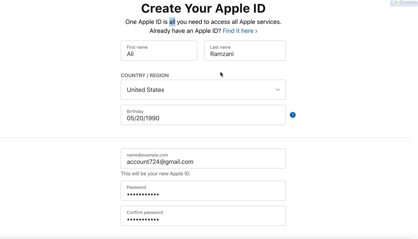 تکمیل اطلاعات هویتی برای ساخت Apple ID