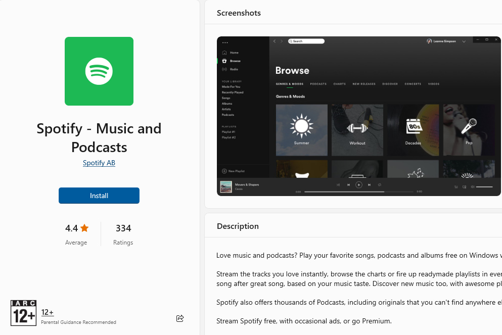 به صفحه رسمی Spotify در Microsoft Store بروید