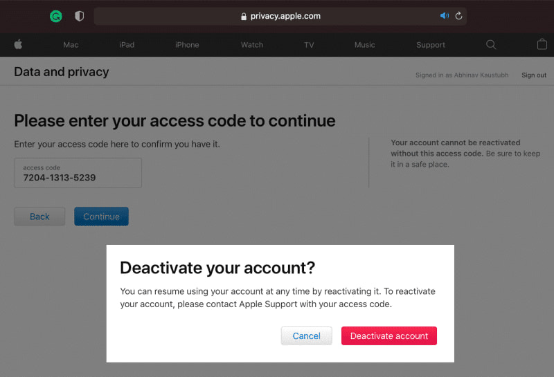 برای تایید درخواست خود روی Deactivate account ضربه بزنید