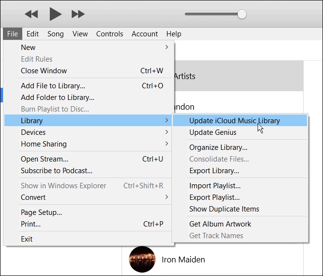 انتخاب گزینه Update iCloud Music Library برای دسترسی به موزیک دلخواه