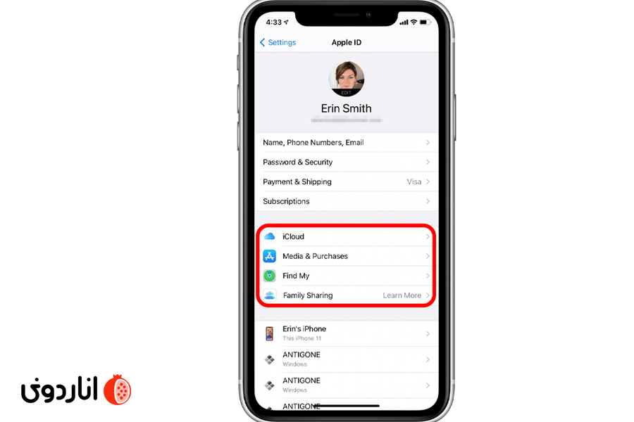 2. بر روی نام خود (Apple ID) در بالای صفحه کلیک کنید