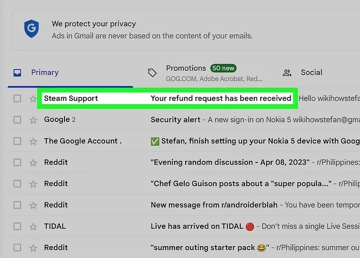 بررسی ایمیل تأیید ریفاند کردن در استیم